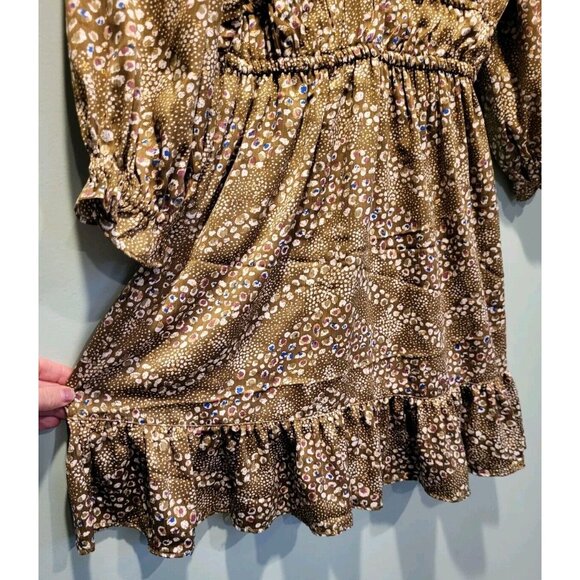 Brown Multicolor Spotted 3/4 Sleeve Empire Waist Flowy Mini Dress Sz M Coquette - Picture 4 of 8